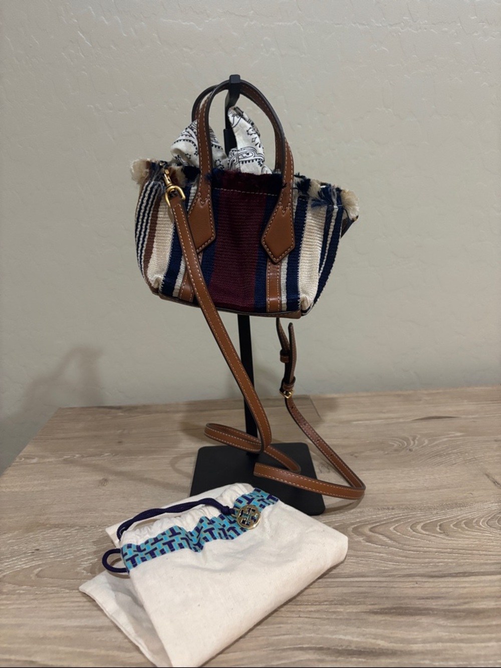 Tory Burch Perry Striped Canvas Mini Tote Crossbody Bag